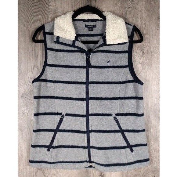 Nautica Sweater Vest Womens Medium Fleece Full Zip Pockets Striped Grey & Blue - Picture 1 of 5